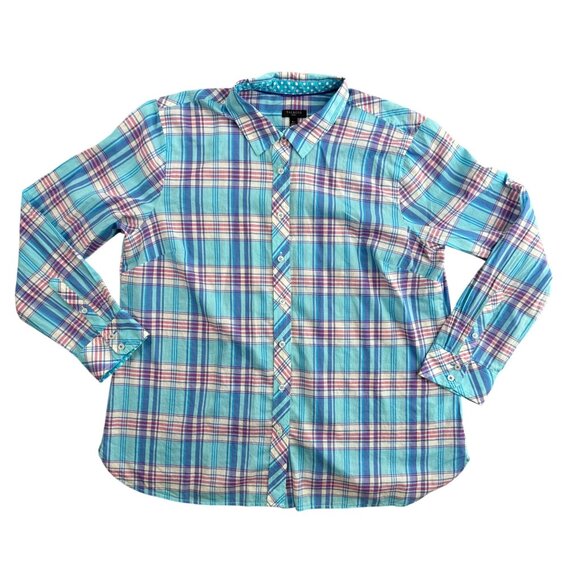 2/$18 SALE! TALBOTS Button Up Shirt Womens XLP Preppy Blue Plaid Cotton‎ Casual - Picture 1 of 6